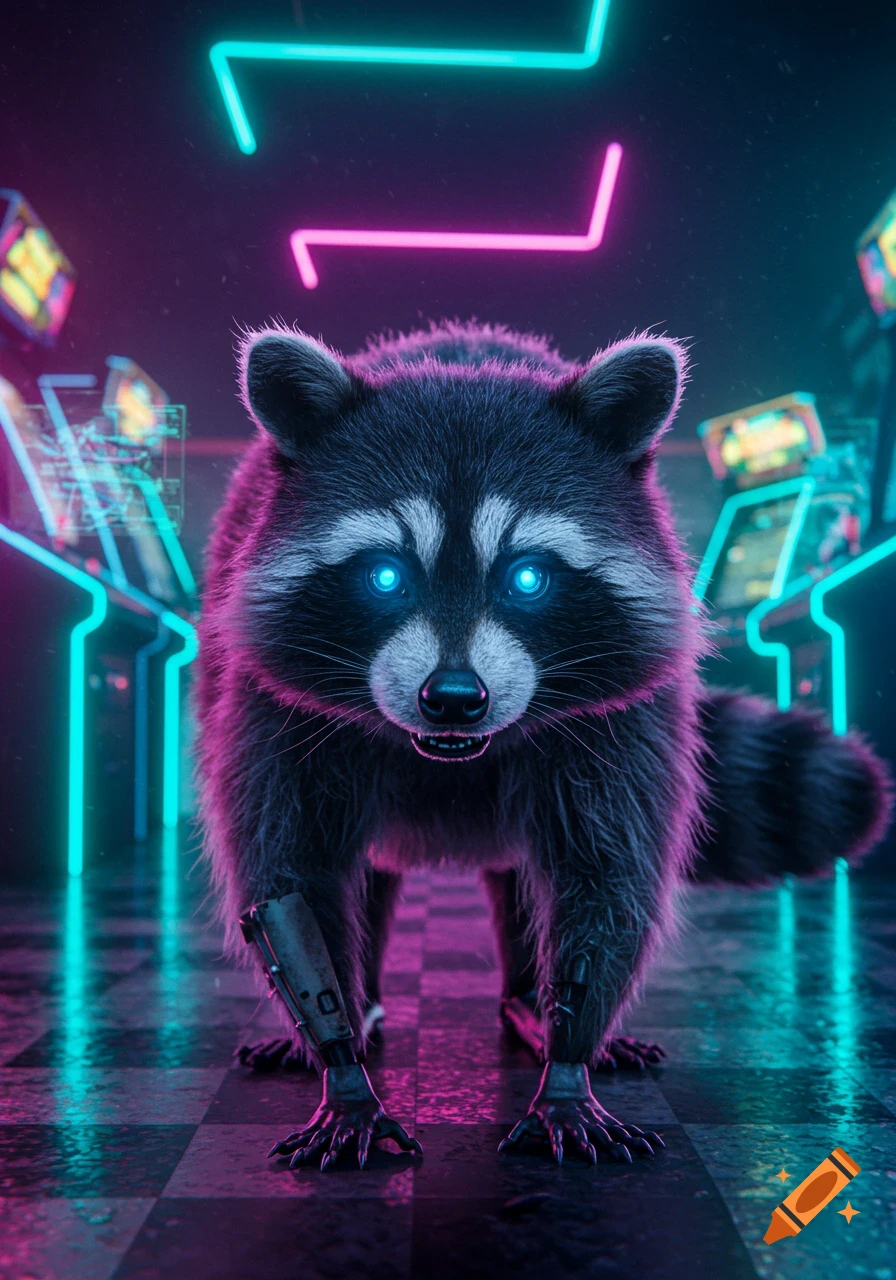 A cyberpunk raccoon with glowing blue eyes and robotic legs stands in a neon-lit arcade.