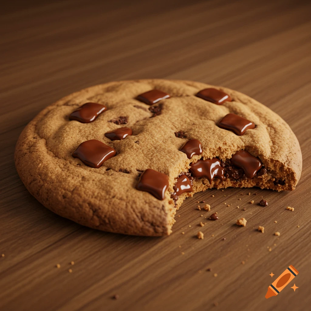 Photorealistic chocolate chip cookie with a bite taken out, showing melted chocolate, on a wooden table.