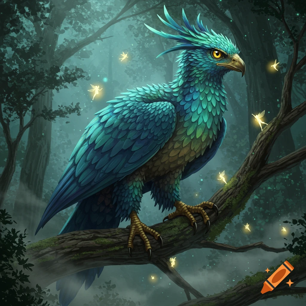 A majestic blue and green fantasy bird with glowing eyes perches on a branch in a magical, misty forest with sparkling fairies.