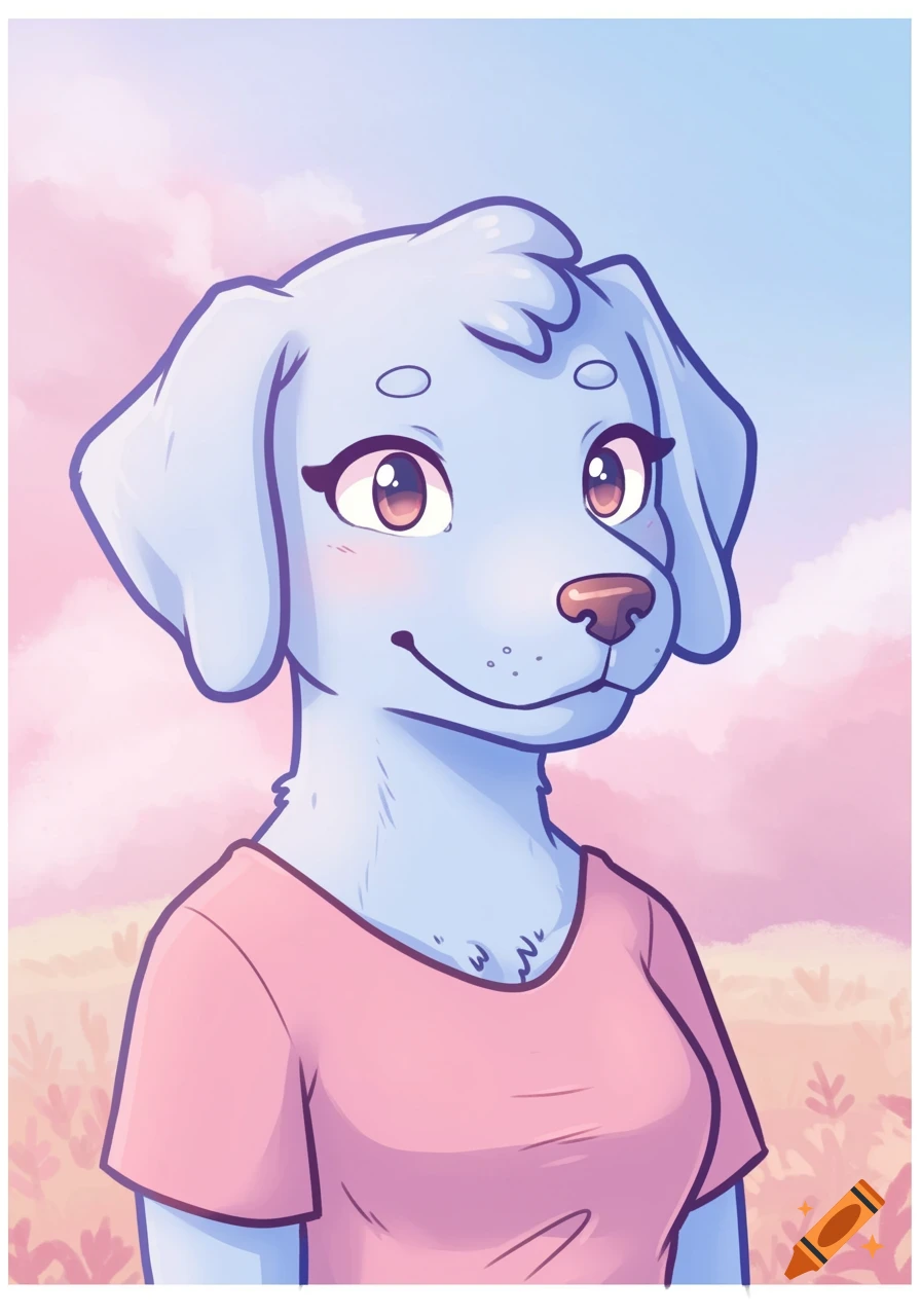 A cartoon illustration of a pastel blue female Labrador wearing a pink shirt, set against a pink and blue sky.