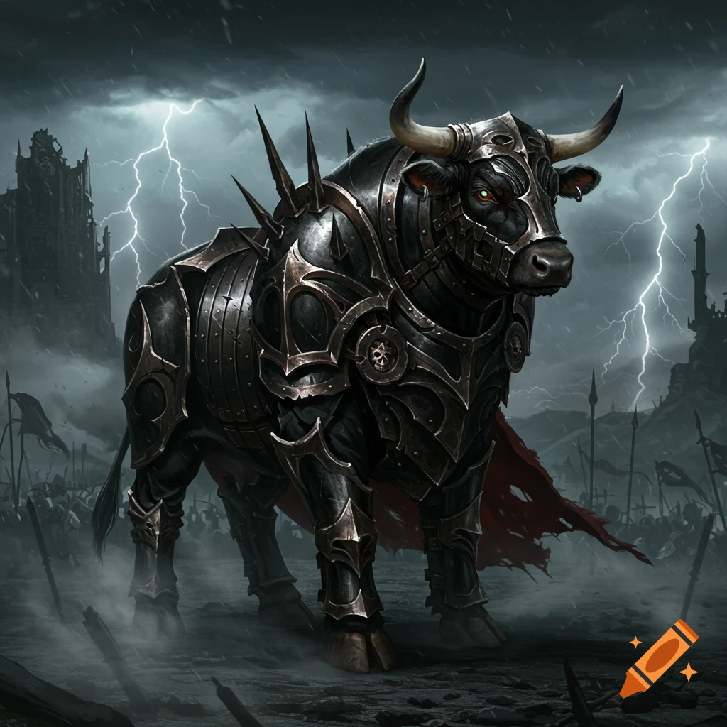 A black bull in spiked fantasy armor and a red cape stands on a stormy, lightning-lit battlefield with castle ruins in the distance.