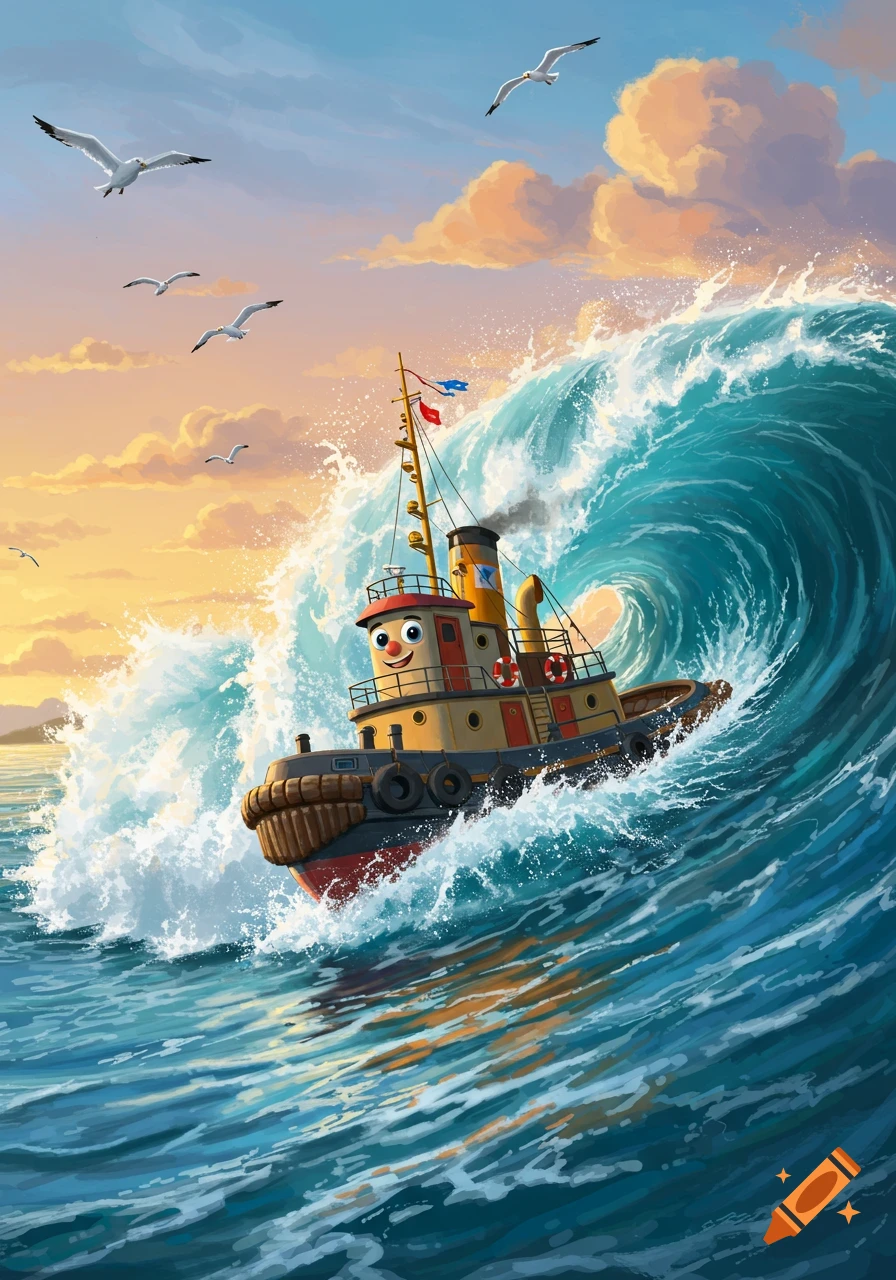 A cheerful cartoon tugboat with a smiling face rides a massive blue wave at sunset, with seagulls flying overhead.
