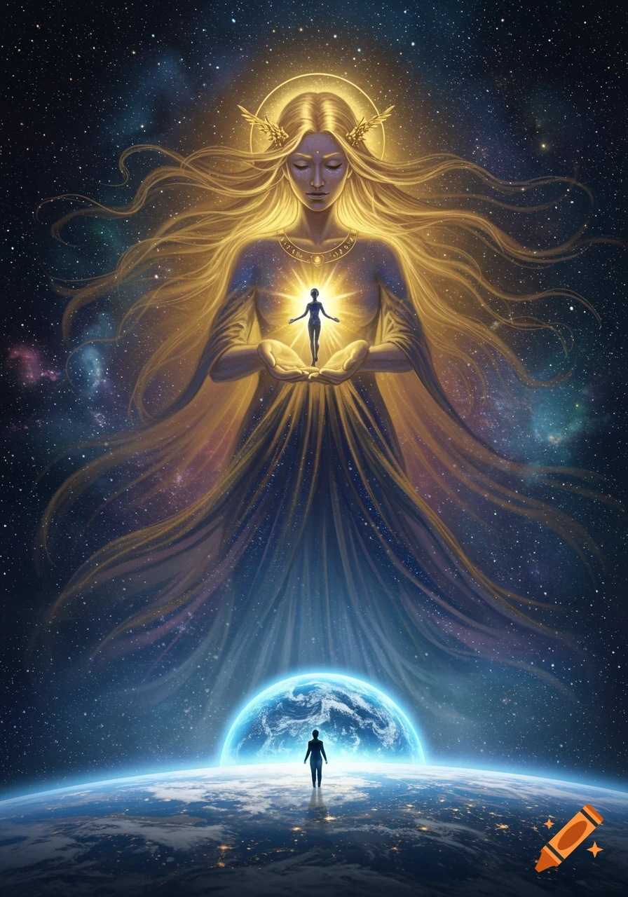 A glowing, golden-haired goddess in space holds a tiny human, while another human stands on a vibrant Earth below.