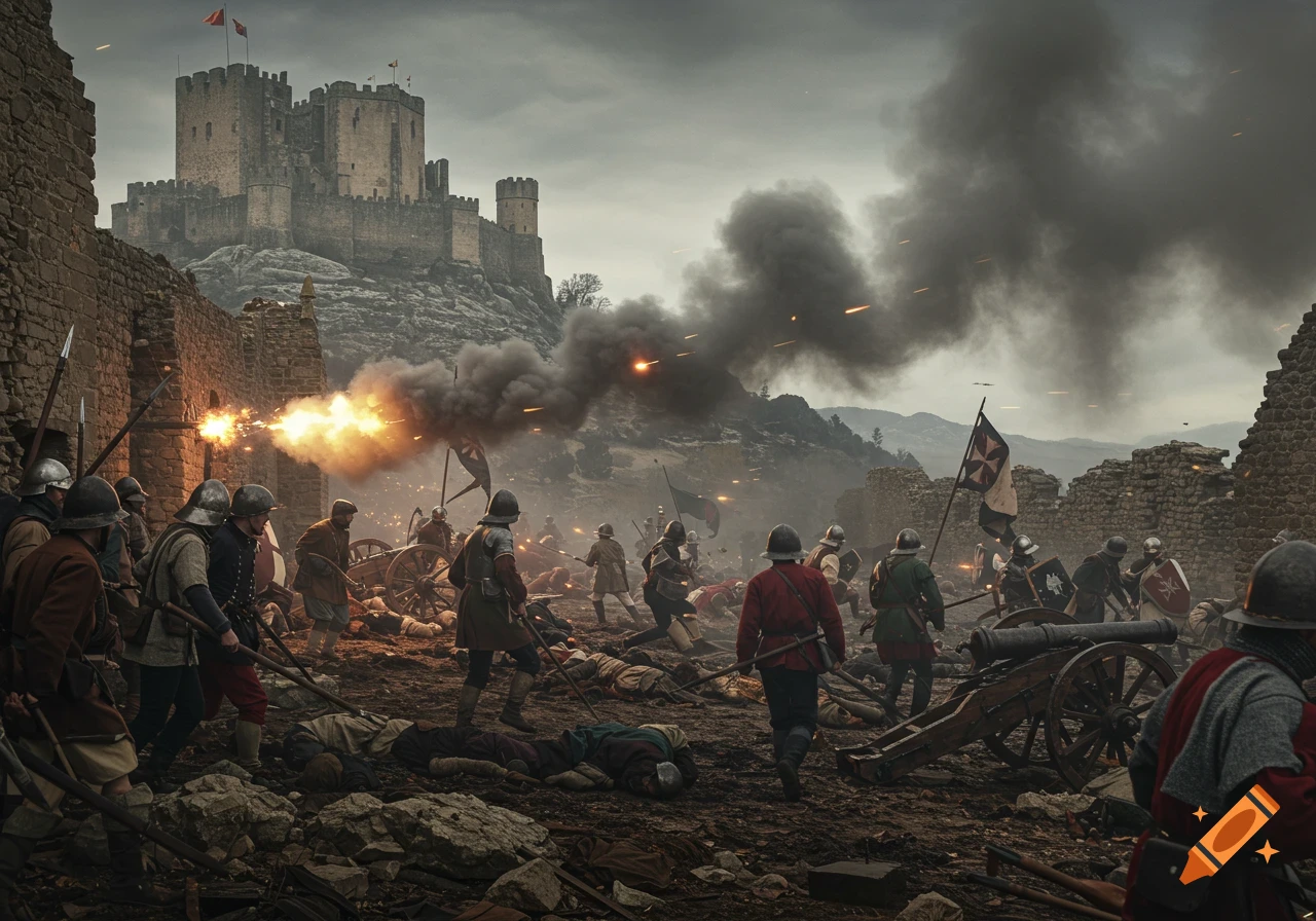A photorealistic depiction of a medieval battle scene with soldiers, cannons firing, and a castle in the background.