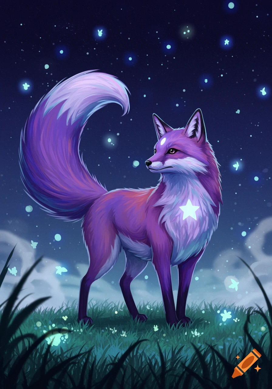 A vibrant purple anime fox with a glowing star on its chest stands in grassy field under a starry night sky with fireflies.