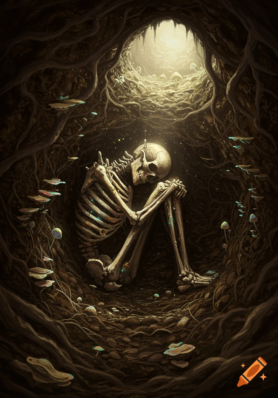 Skeleton curled up in a root-filled underground cavern, illuminated by a light source above and glowing mushrooms.