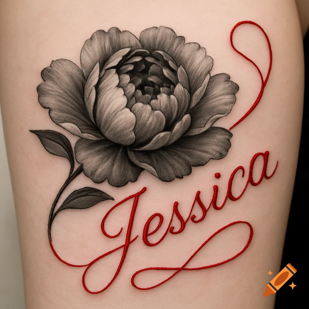 A black and gray peony flower tattoo with the name Jessica spelled out in red script on skin.