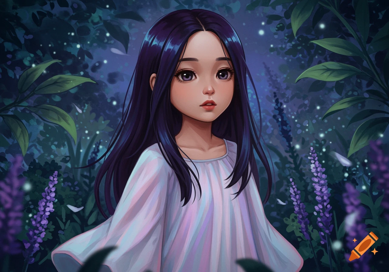 An anime-style illustration of a young girl with long dark hair and a white dress in a magical forest with glowing purple flowers and lights.
