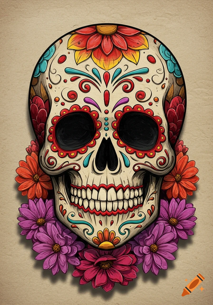 Colorful sugar skull adorned with red, orange, and purple flowers on a textured background.
