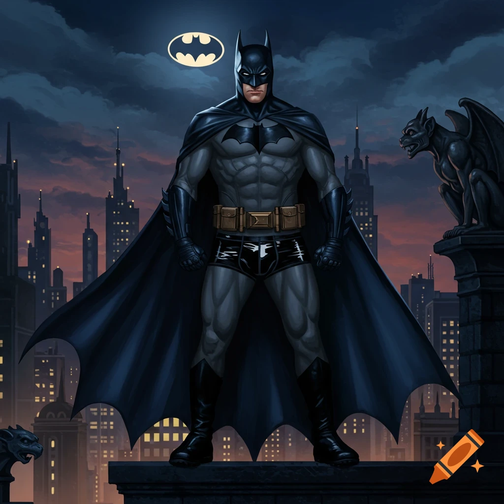 Batman in a classic suit with black shorts worn over it, standing on a rooftop at night with the bat-signal in the sky and a gargoyle nearby.