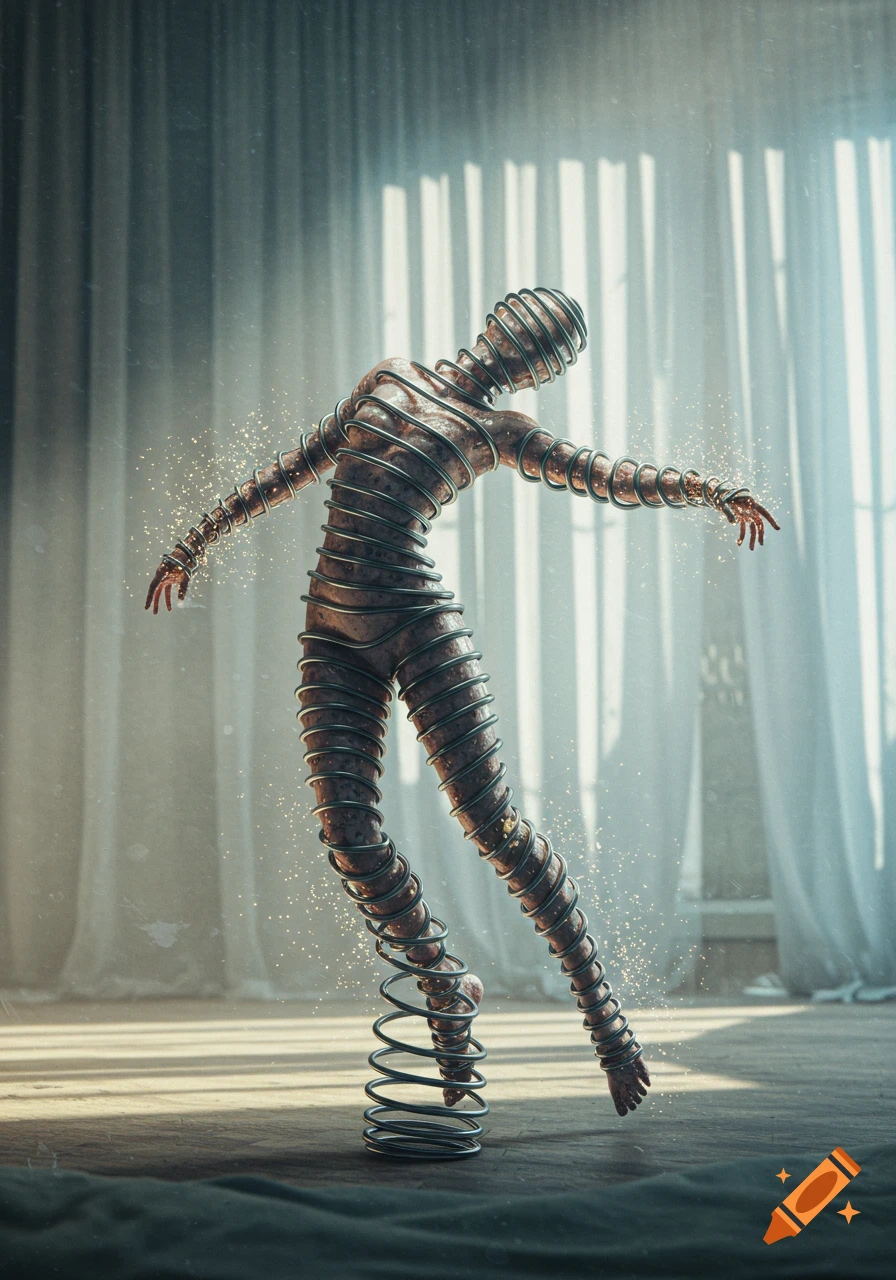 A human-like figure, mostly covered in metal springs, stands on one leg in a well-lit room, with small particles glowing around it.
