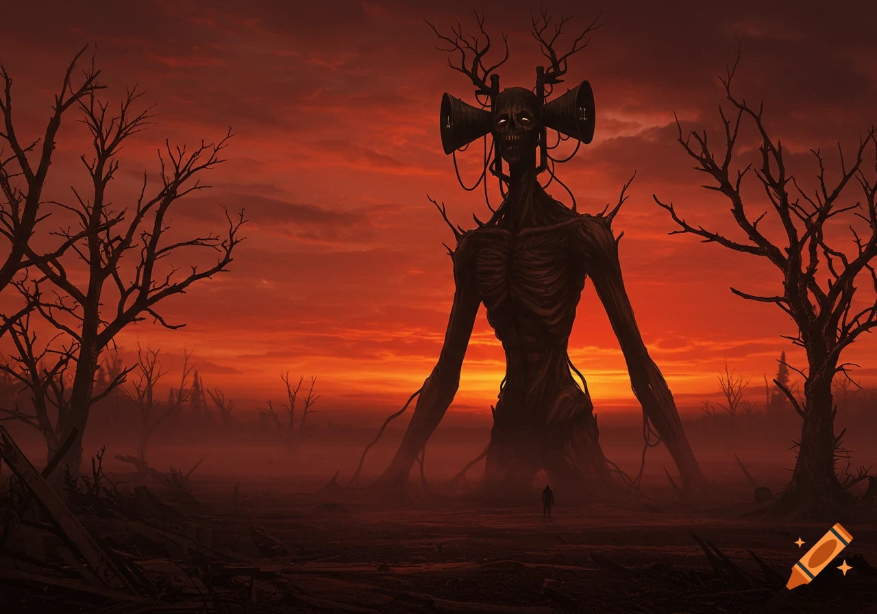 A monstrous Siren Head creature with siren speakers for a head stands amidst dead trees in a desolate landscape under a fiery red sky, with a small human figure below.