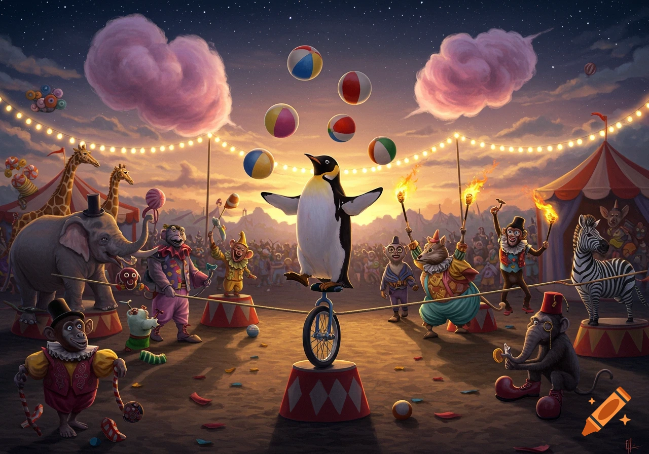 A whimsical night circus scene with a penguin juggling on a unicycle surrounded by various animal performers, including elephants, giraffes, monkeys, and a zebra, under string lights and cotton candy clouds.