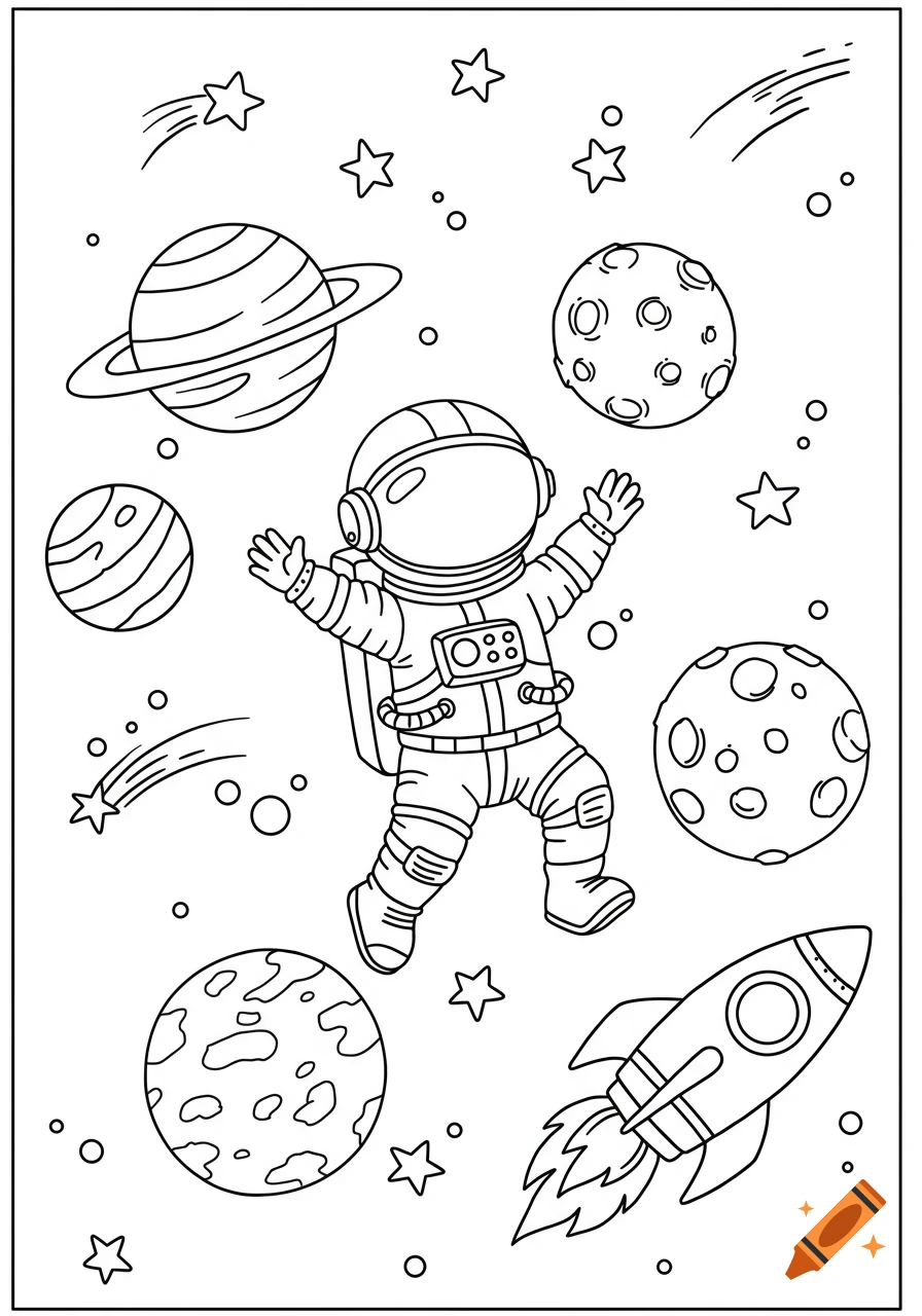 Black and white line art coloring page of an astronaut floating in space with planets, stars, and a rocket ship.