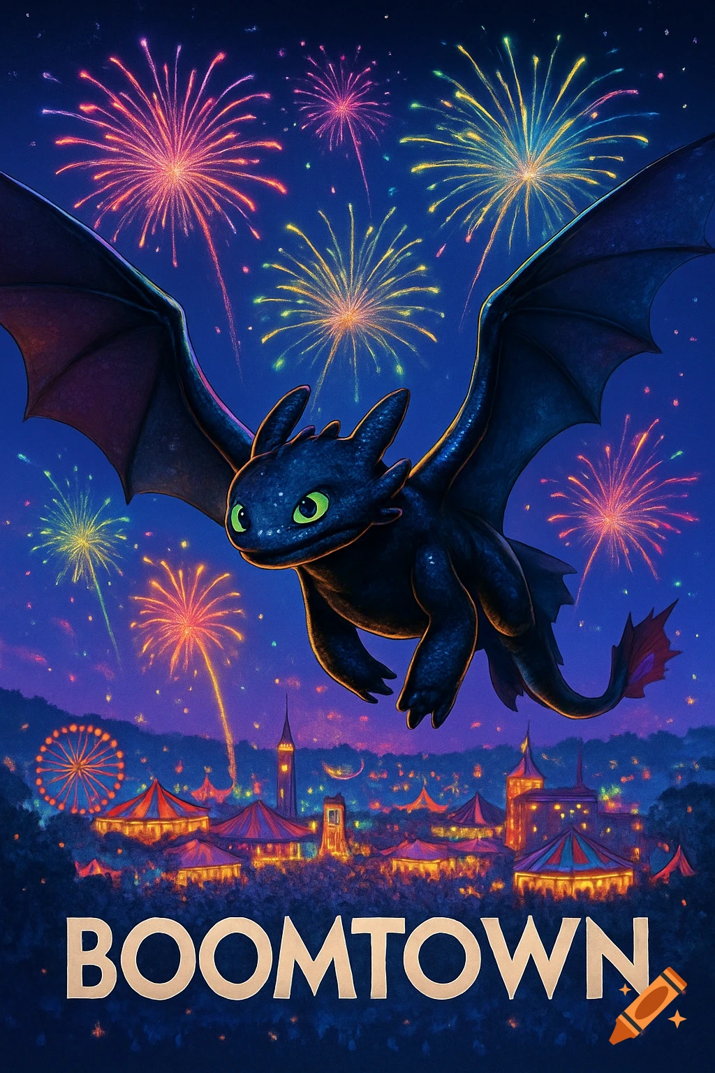 Toothless the dragon flying over a vibrant night festival with fireworks exploding in the sky.