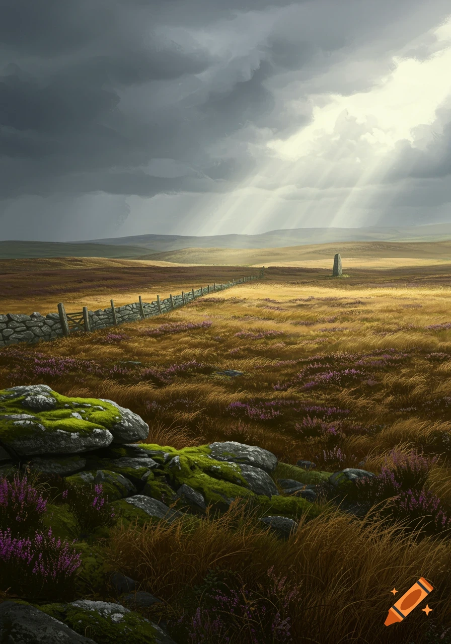 Vast windswept moor under stormy skies, sunlight breaking through. Golden grass, purple heather, stone wall, and mossy rocks fill the foreground.