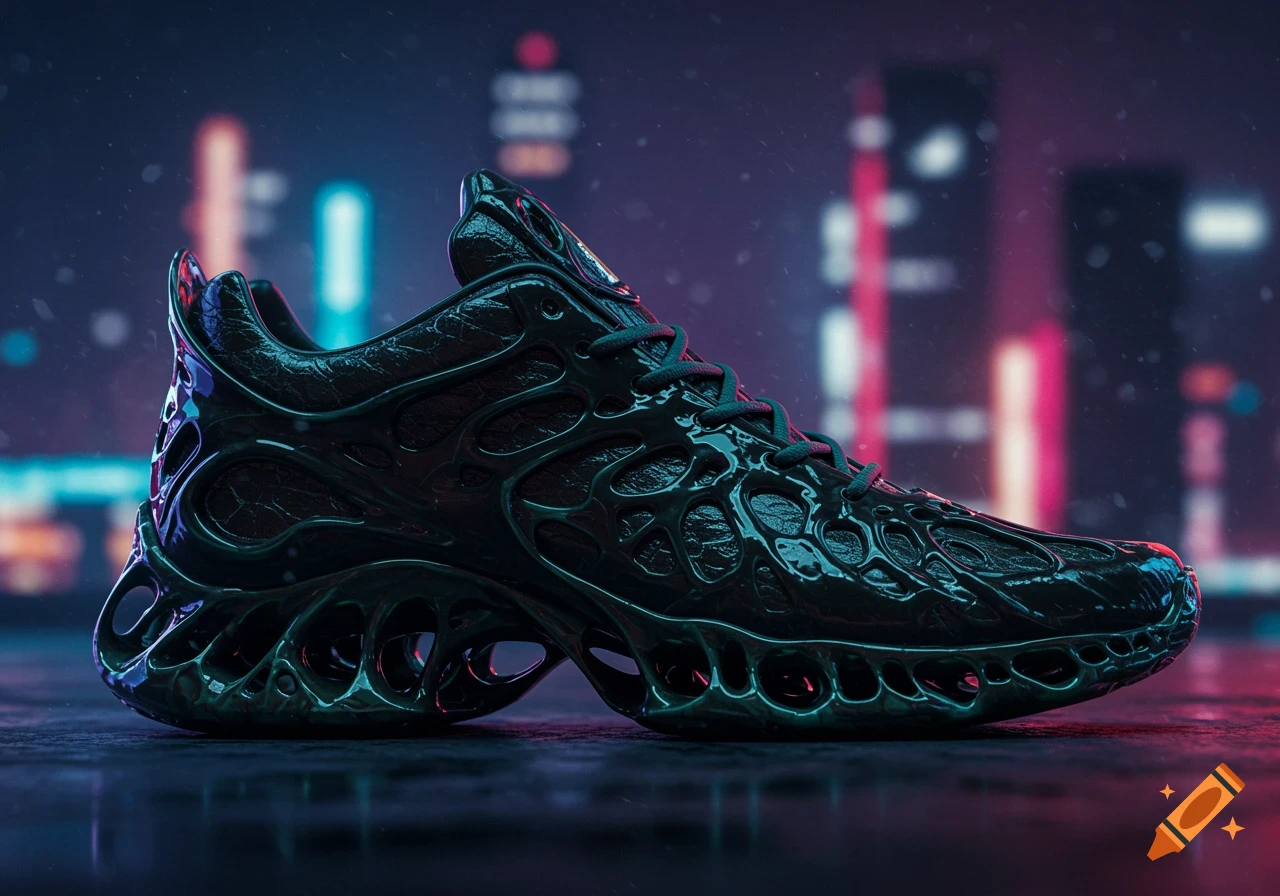 A dark, glossy futuristic shoe with an organic, skeletal design, set against a blurry neon cyberpunk city background.