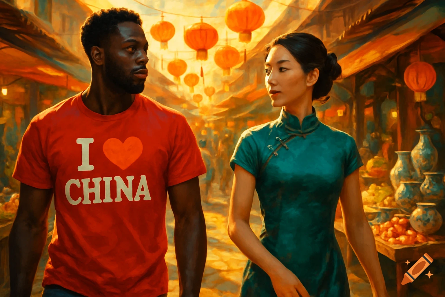A Black man in an 'I ❤️ CHINA' shirt and a Chinese woman in a traditional dress walk through a vibrant, lantern-lit market street in a painterly style.