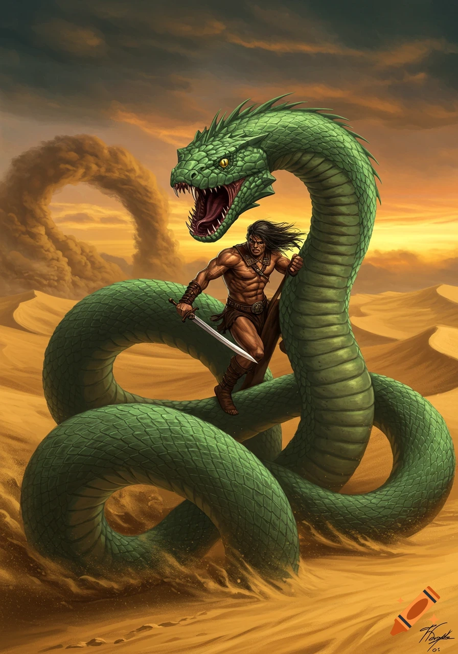 A muscular barbarian wielding a sword stands on a colossal green snake amidst a vast desert with sand dunes.