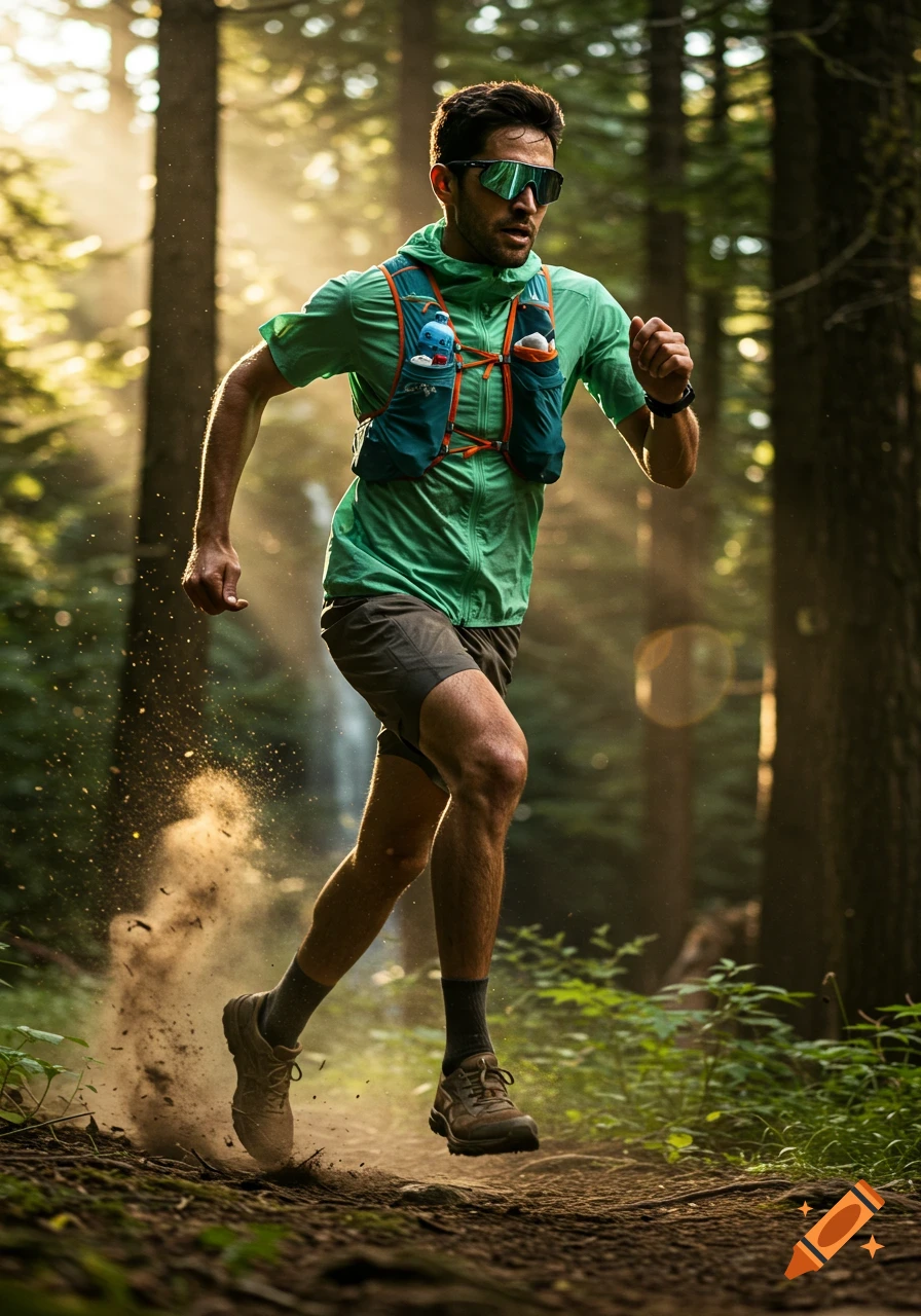 A man runs on a dirt trail in a sunlit forest, kicking up dust. He wears a green shirt, shorts, sunglasses, and a running vest.