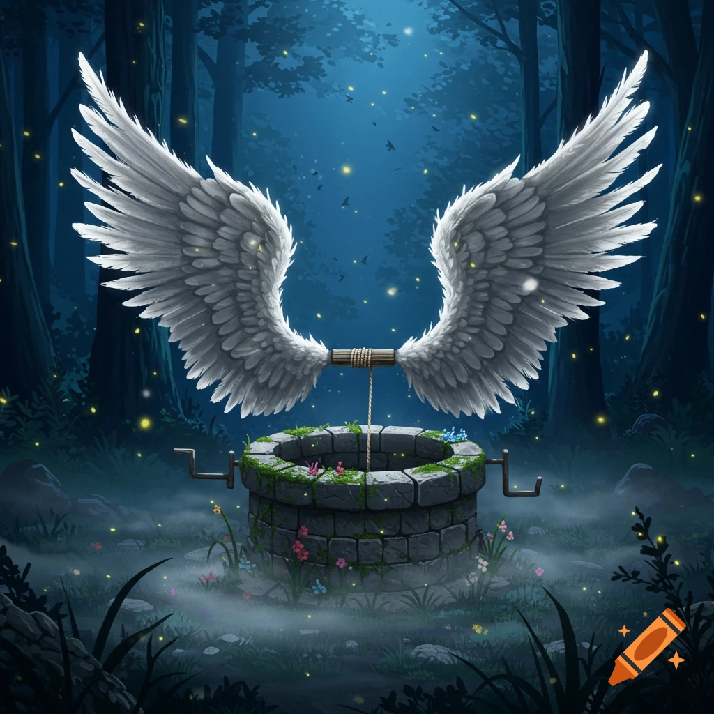 A magical wishing well with large white angel wings, surrounded by a dark, mystical forest with glowing fireflies.