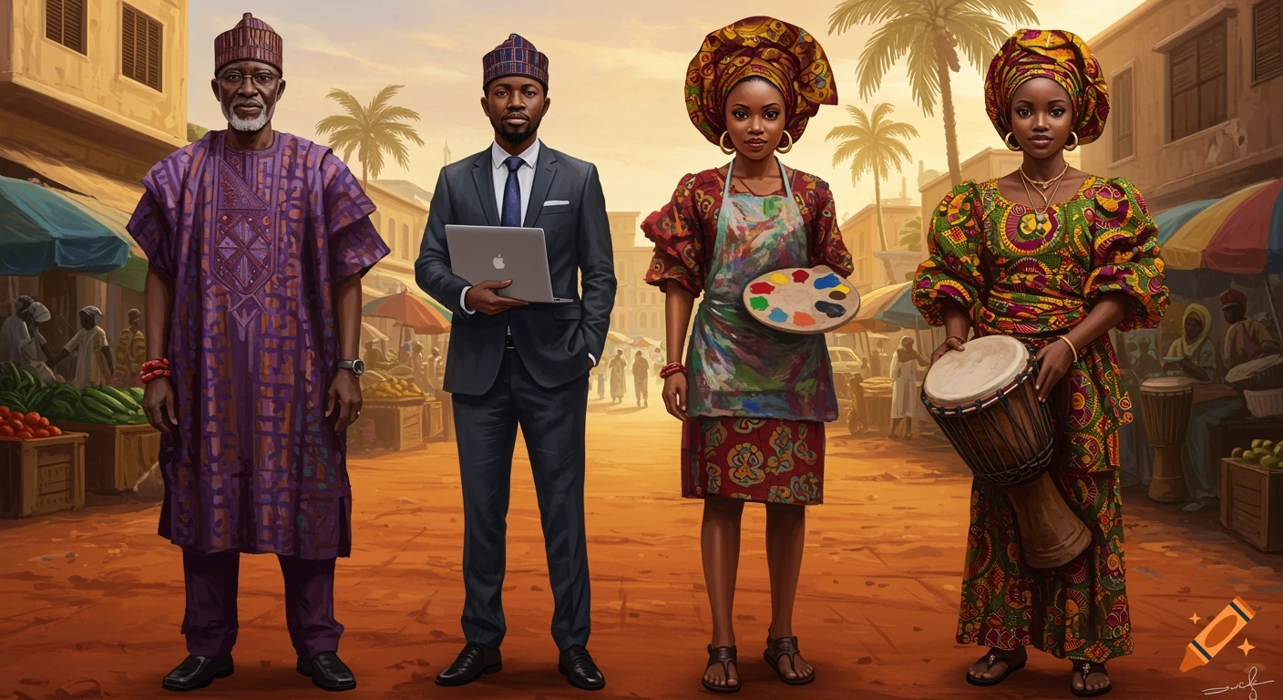 A photorealistic group portrait of four diverse Nigerian characters standing on a vibrant street market in Ibadan.