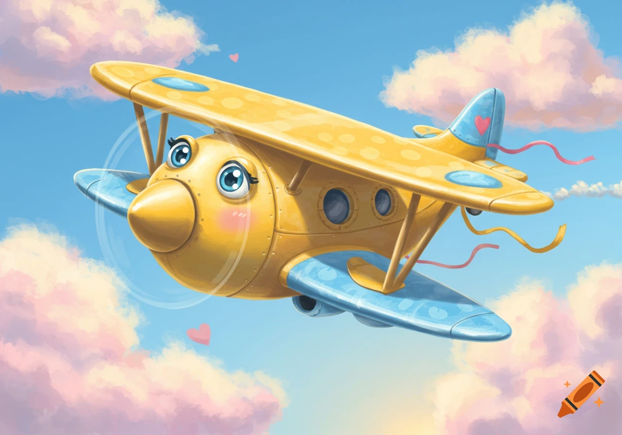 A cute yellow and blue cartoon airplane with big eyes flies through a blue sky with pink clouds and small hearts.