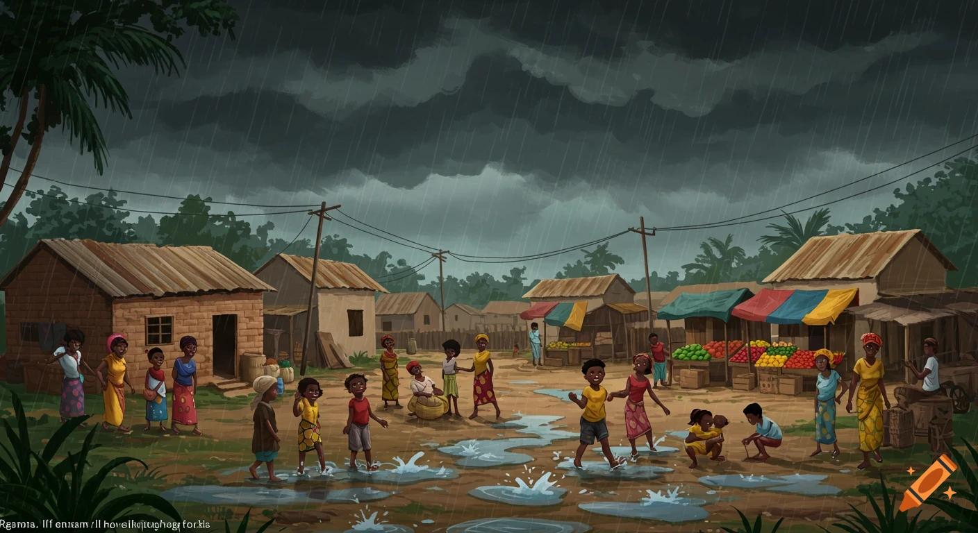 Cartoon illustration of a vibrant Ghanaian town in the rainy season. Children play in puddles, while adults walk past market stands under a dark, cloudy sky.