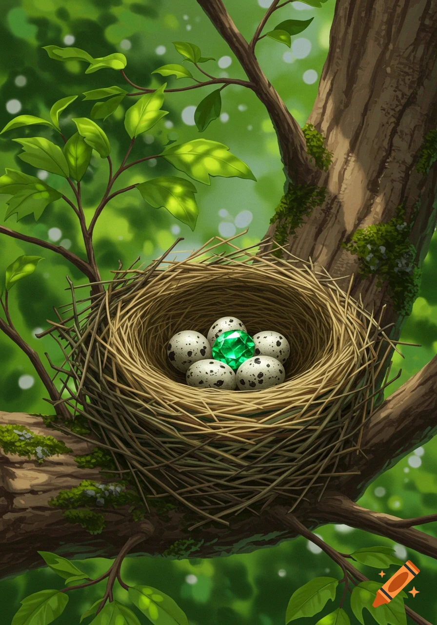 A vibrant illustration of a bird's nest with speckled eggs and a glowing green jewel, nestled in a tree among bright green leaves.