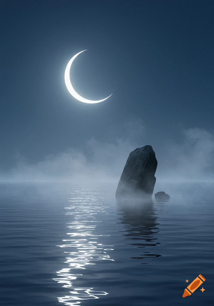 Bright crescent moon reflected on misty water with a large dark rock in the foreground.