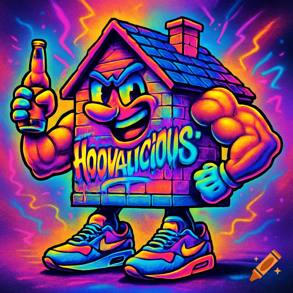 A cartoonish anthropomorphic house with neon rave walls, muscles, a beer bottle, Nike Air Max shoes, and 'HOOVALICIOUS' text.