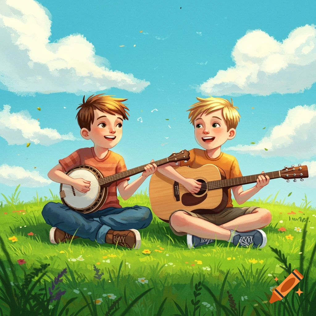 Illustrated image of two boys sitting in a green field under a blue sky, one playing a banjo and the other a guitar.