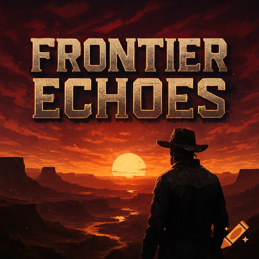 A cowboy figure in silhouette overlooks a vast canyon landscape at sunset, with the title "FRONTIER ECHOES" overlaid.