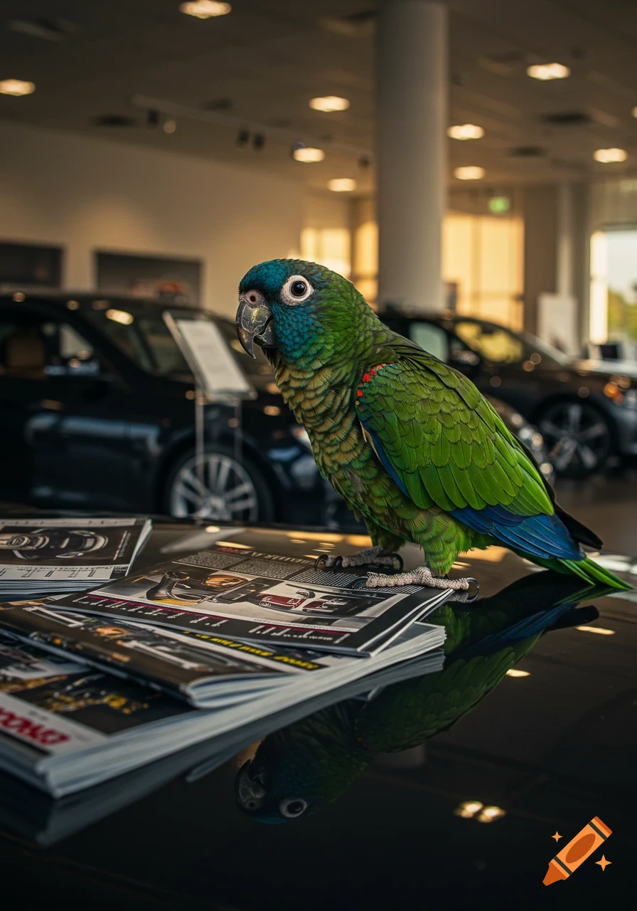 A photorealistic parrot stands on magazines on a reflective surface in a car dealership showroom with cars in the background.