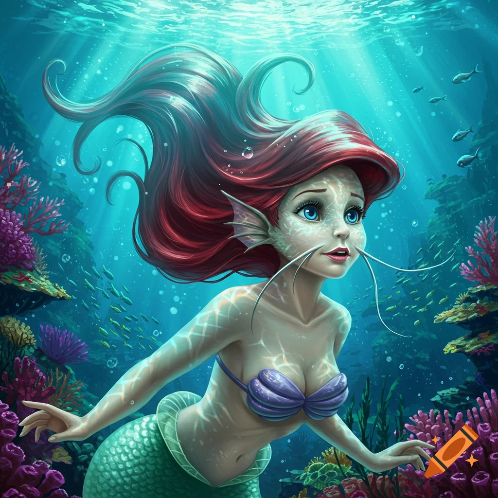 Ariel with red hair and green tail, featuring catfish-like facial features and whiskers, swimming in a vibrant underwater coral reef.