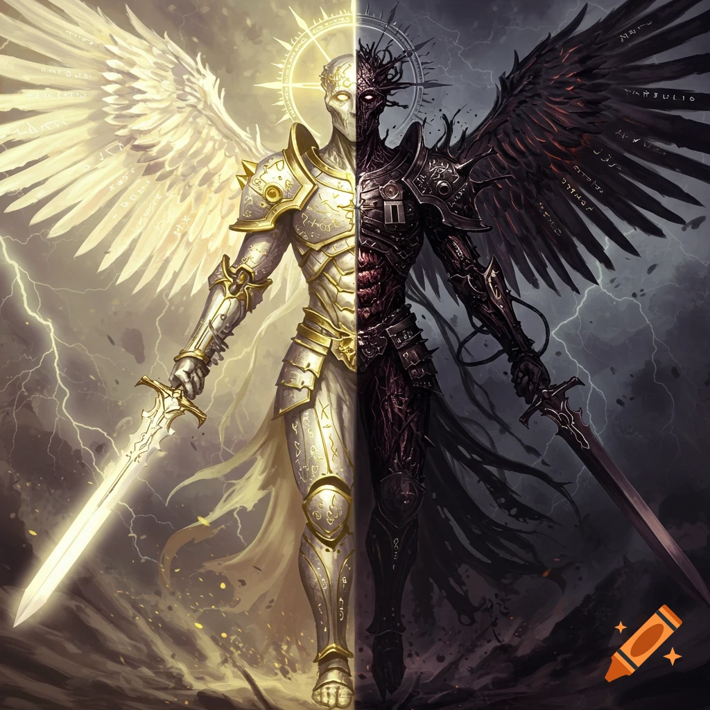 A fantasy warrior split down the middle: one half radiant white angel with golden armor, the other a dark demon in black armor, both holding swords.
