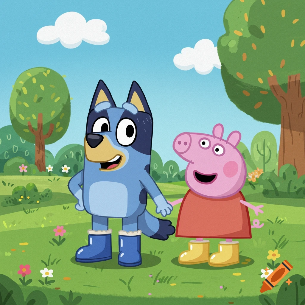 Cartoon Bluey Heeler in blue boots and Peppa Pig in yellow boots stand holding hands in a green field under a blue sky.