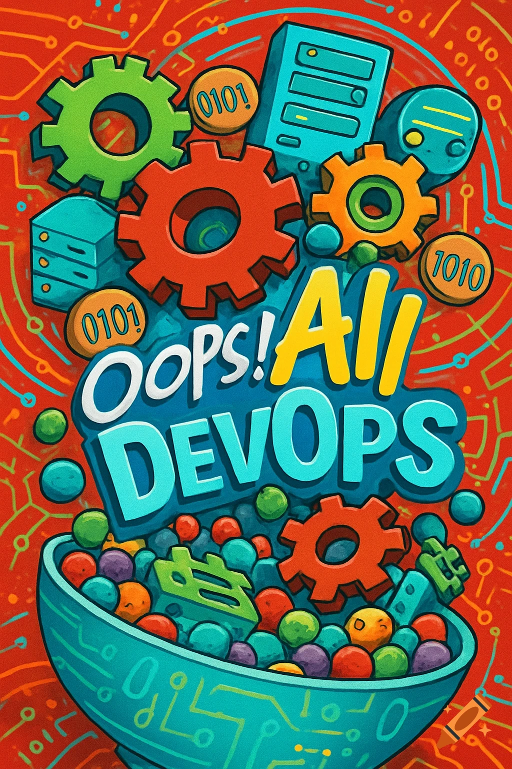 Cartoon illustration of a cereal bowl with gears, servers, and binary code 'marshmallows', and the text 'Oops! All DEVOPs'.