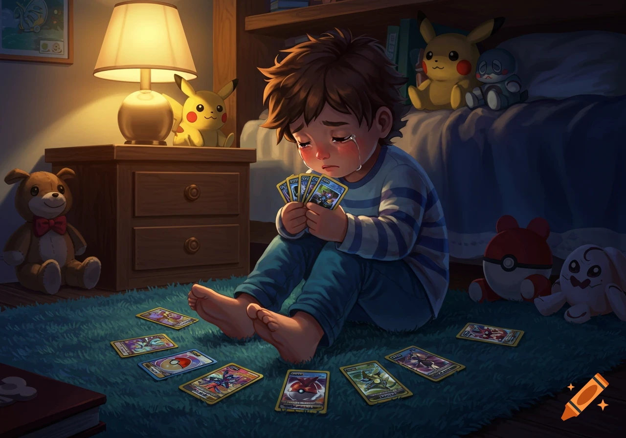 A crying boy sits on a blue rug, holding Pokemon cards, surrounded by more cards and stuffed animals in a dimly lit bedroom.