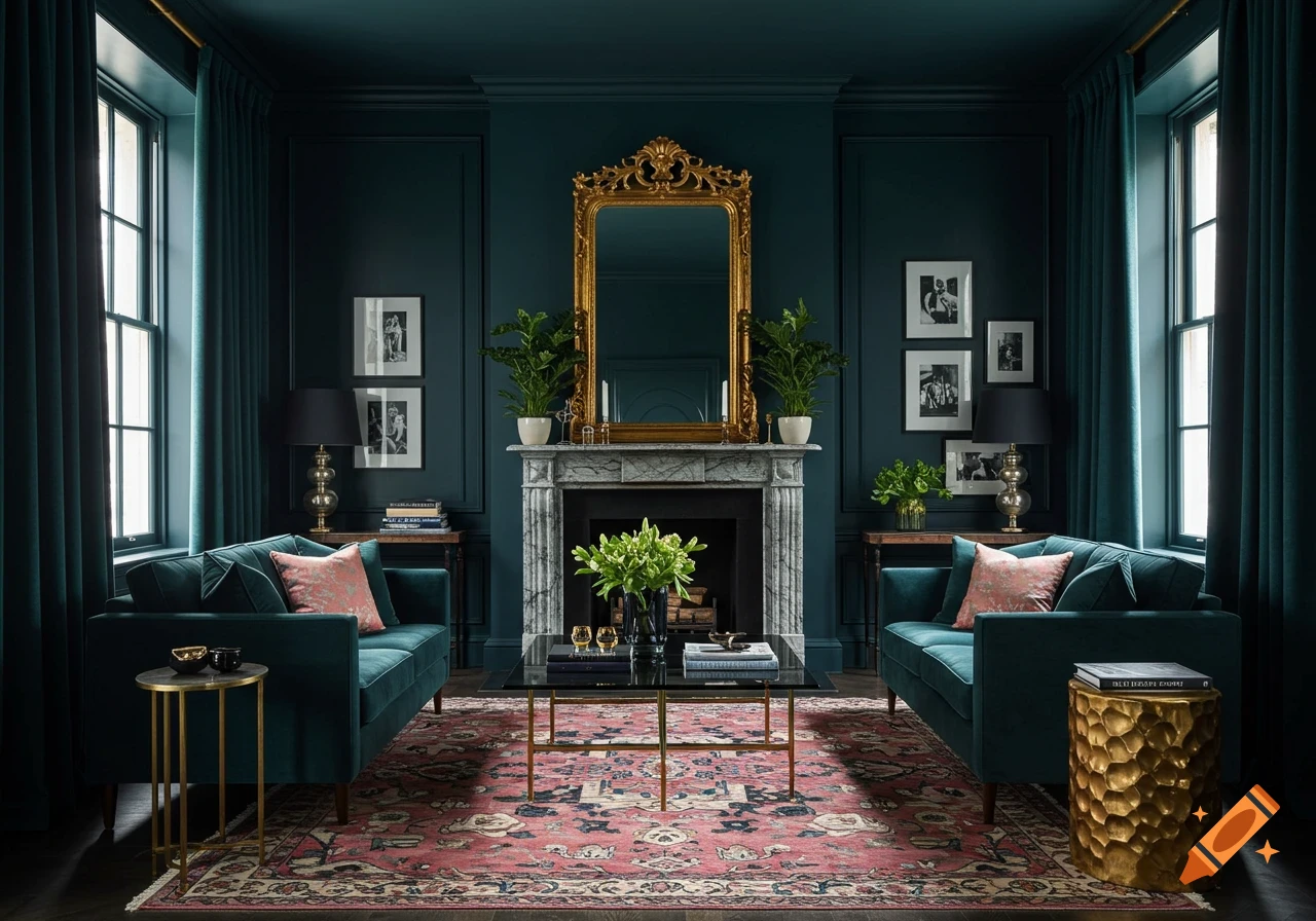 A luxurious den with dark teal walls and furniture, a large gold mirror above a fireplace, and a red patterned rug.
