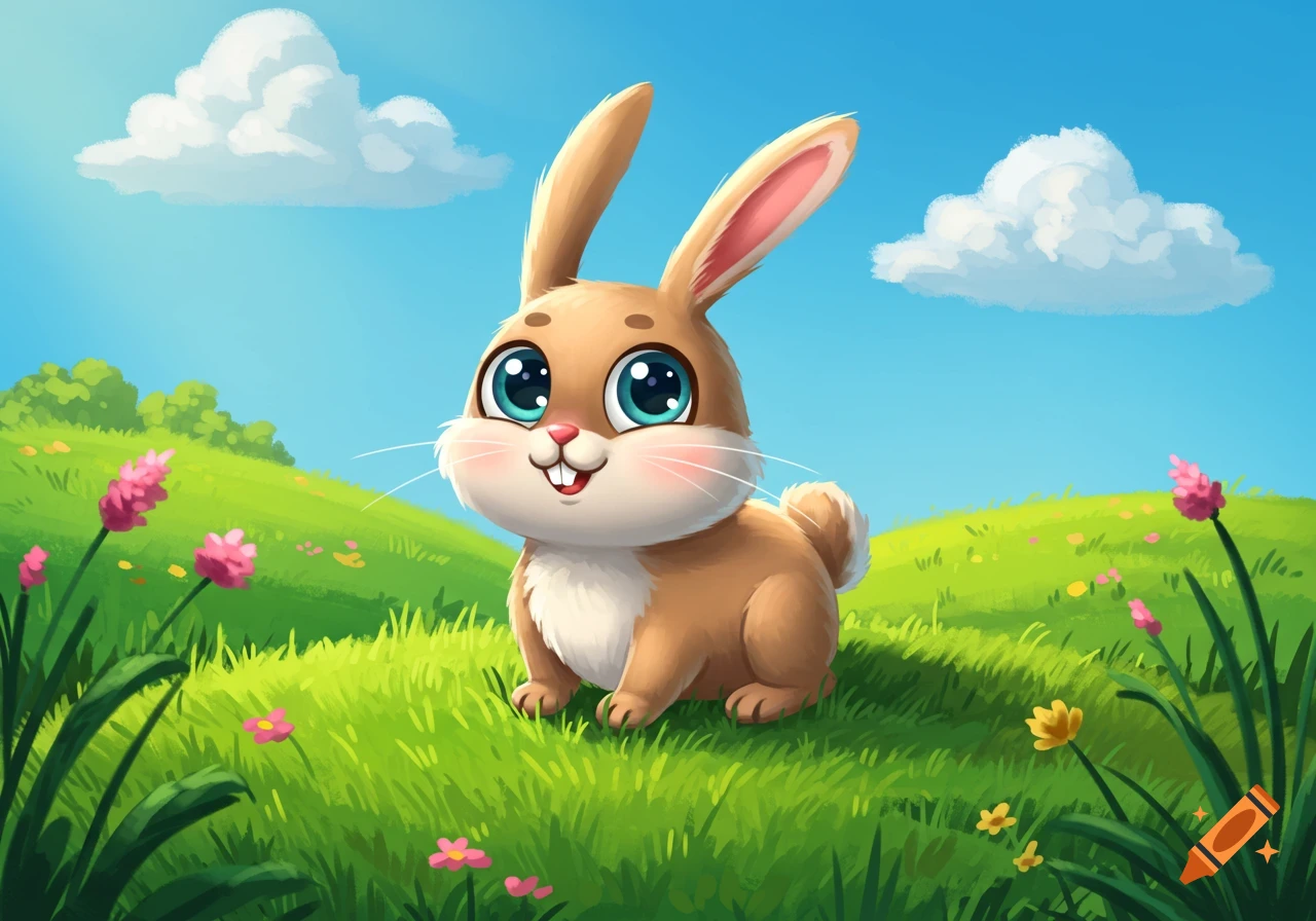 A cute cartoon rabbit with big blue eyes sits in a sunny green field with pink flowers and white clouds.