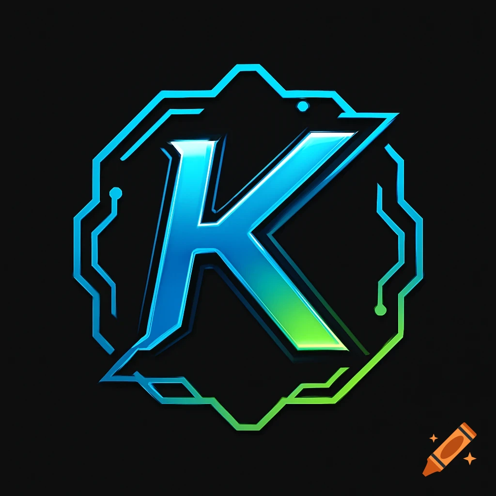 Stylized letter K logo in blue and green with a circuit board border on a black background.