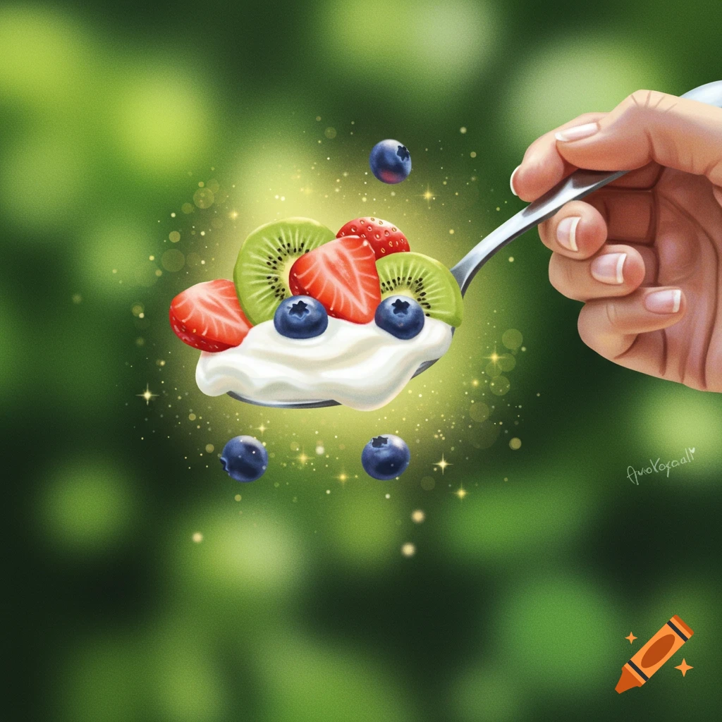 A hand holds a spoon with yogurt, strawberries, kiwi slices, and blueberries, against a green bokeh background.