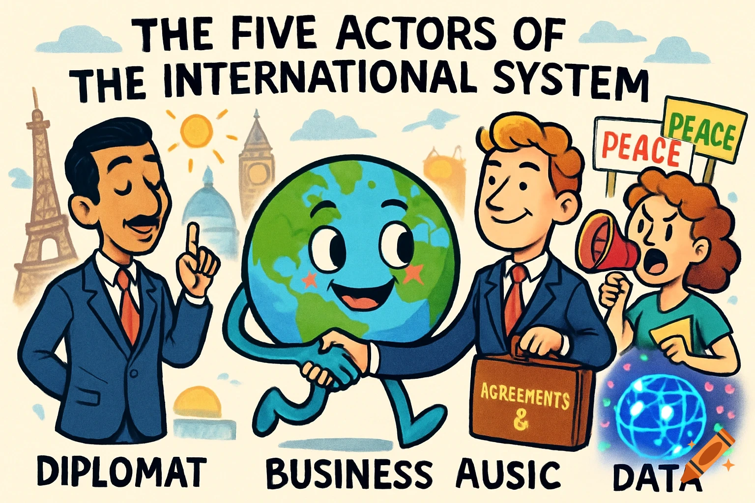 Cartoon illustration of five international system actors: a diplomat, a cheerful globe, a businessman with a briefcase, a protester with peace signs, and a data sphere, with text labels.