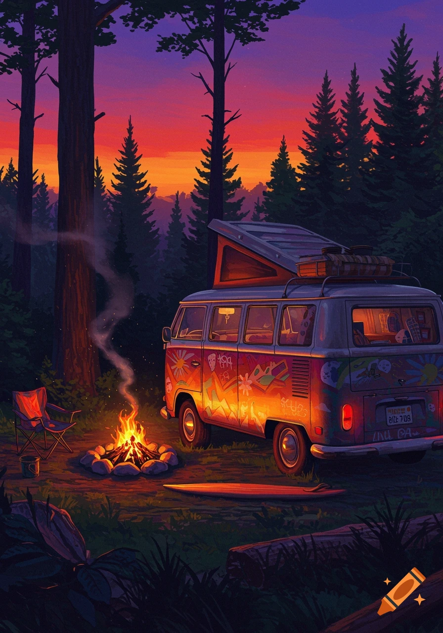 A stylized painting of a VW campervan parked in a forest at sunset, illuminated by a campfire. A red camping chair and a surfboard are nearby.