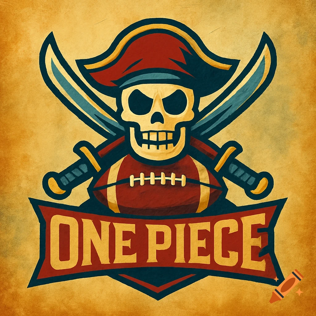 A retro-style pirate skull wearing a tricorne hat with crossed swords behind it, above a football, all set on a banner with 'ONE PIECE' text. The image has a distressed, vintage look.