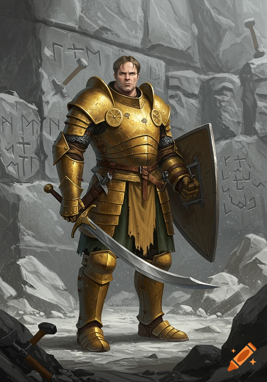 A stoic paladin, loosely modeled after Dwight Schrute, stands in golden armor with a scimitar and shield in a stone quarry.