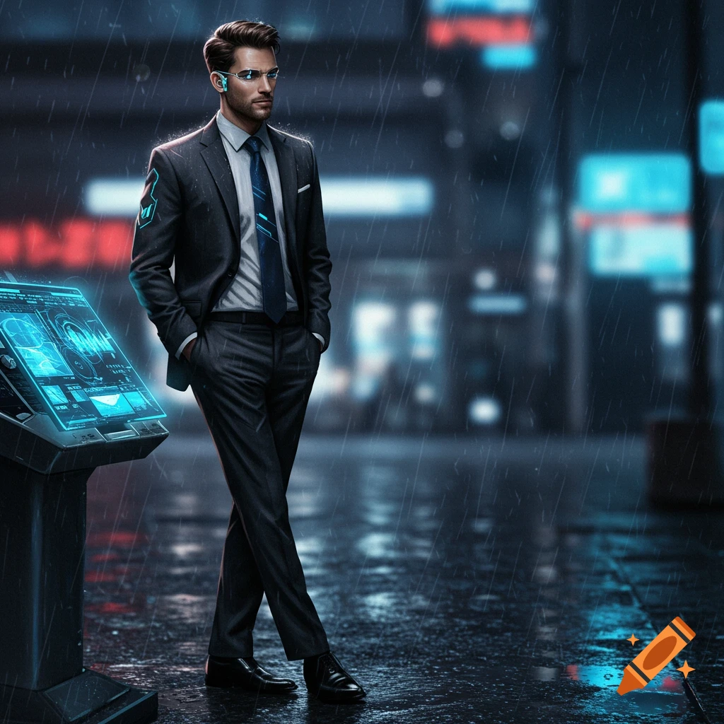A man in a suit stands in the rain next to a glowing futuristic console on a cyberpunk city street.