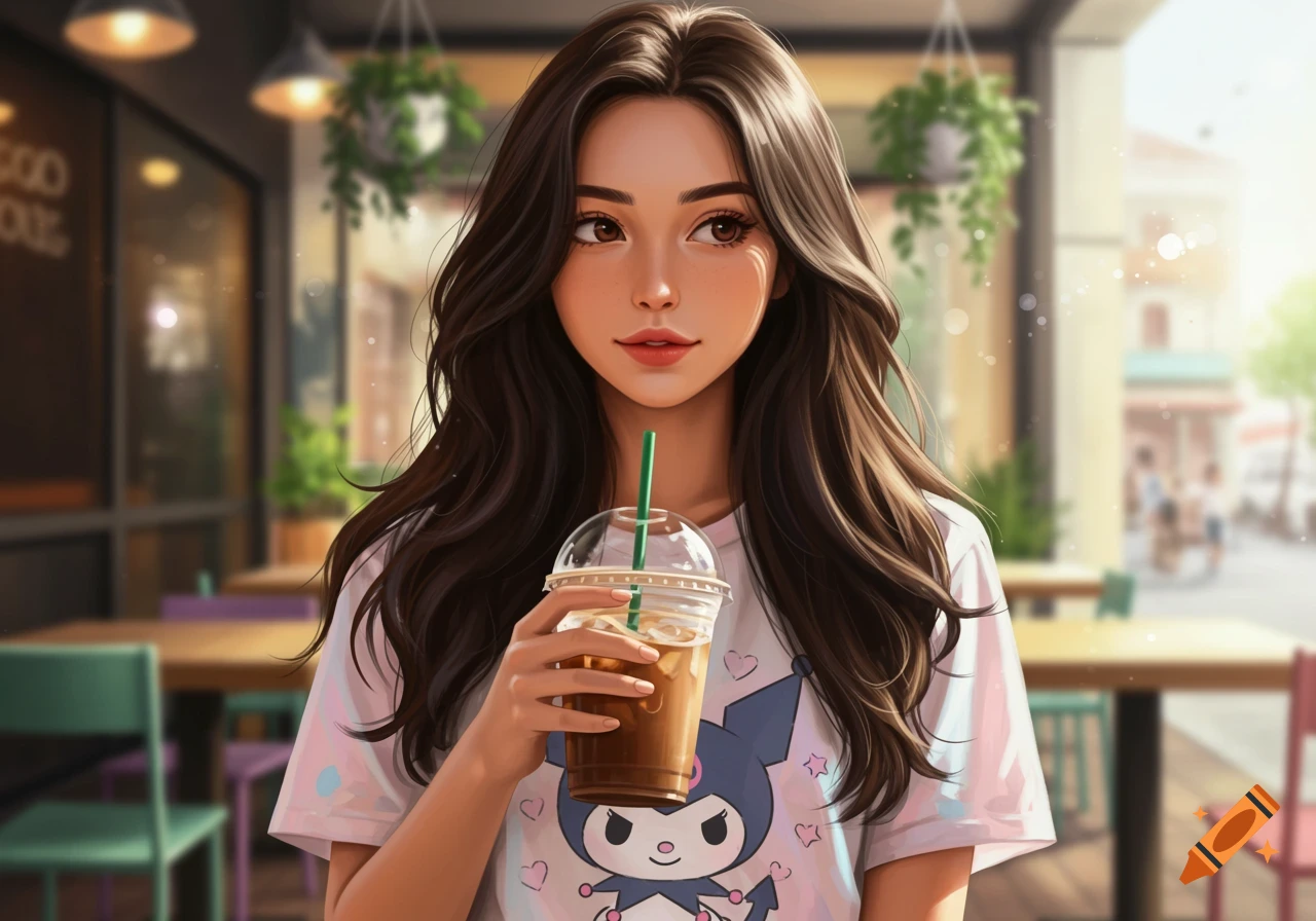 Digital art of a young woman with dark hair in a Kuromi t-shirt holding iced coffee in a cafe.