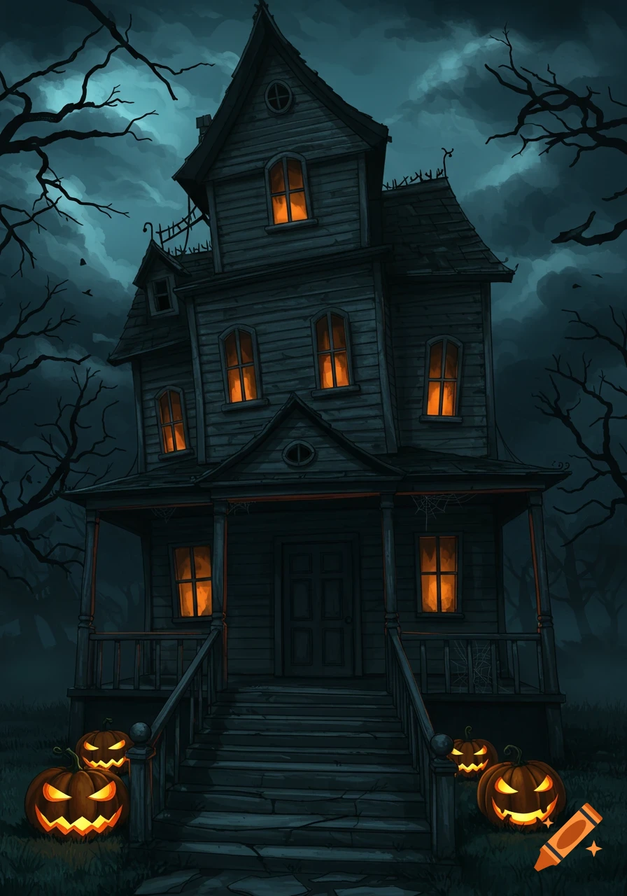 An illustrated spooky old haunted house at night with glowing windows and jack-o'-lanterns.